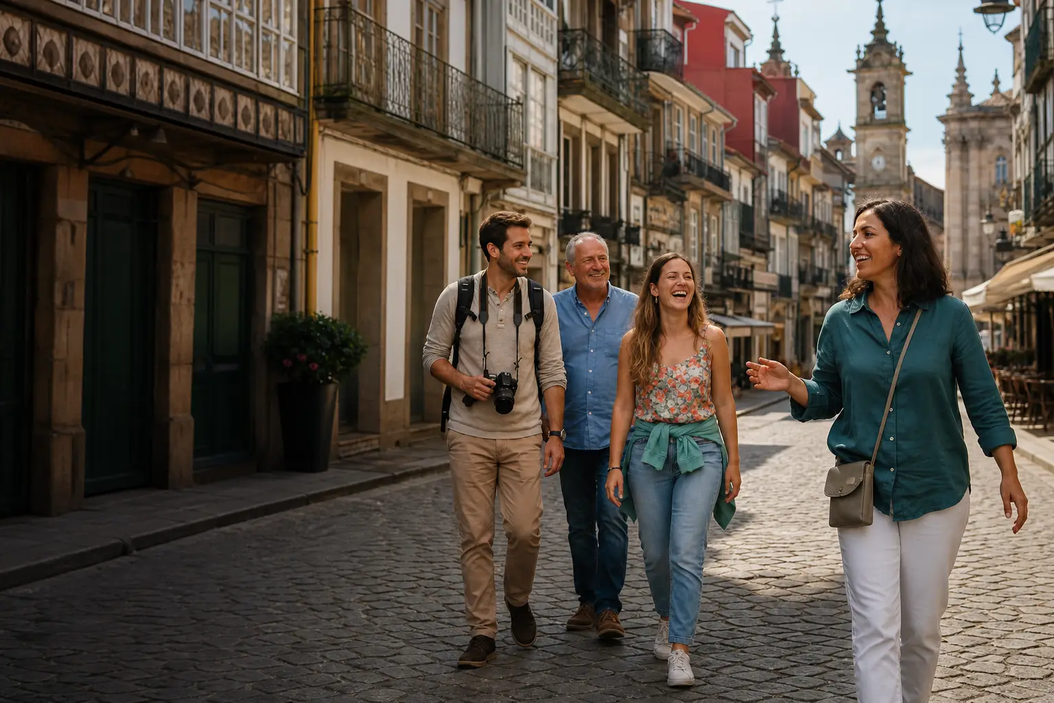 A local guide walking through Braga with a small group of travelers